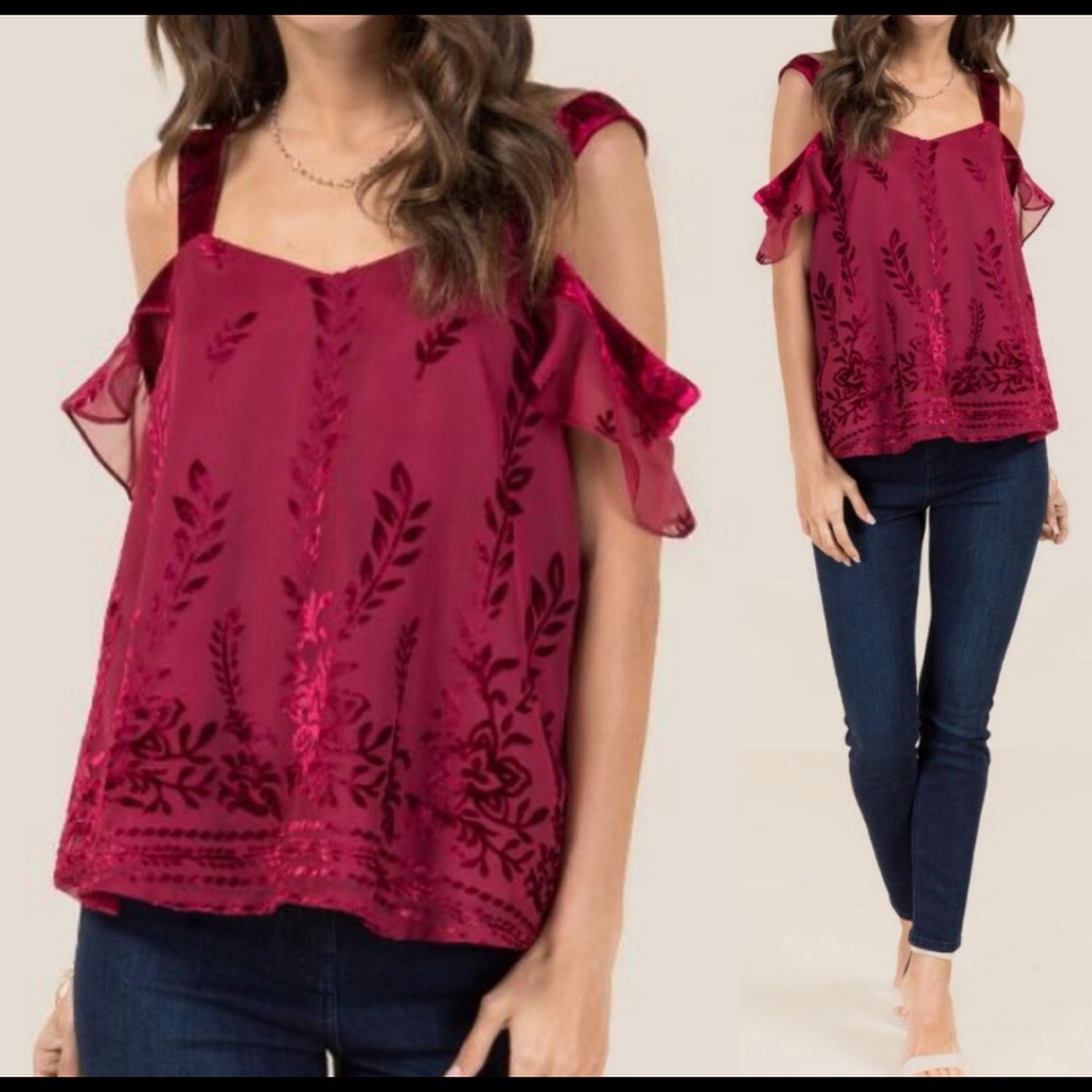 Francescas red velvet off the shoulder top